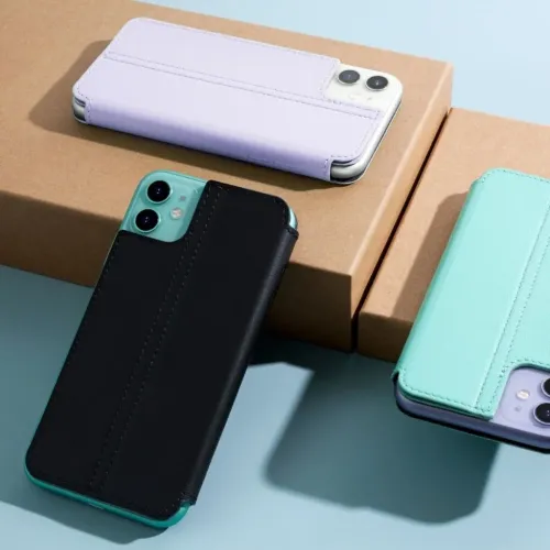 Twelve South SurfacePad iPhone 11 leather wallet cases in green, black and lavender with fold-over flap and stand