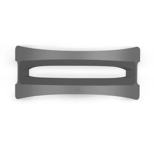 BookArc vertikale Dockingstation in Space Gray, gewölbtes rechteckiges Profil von oben gesehen, mit zentraler länglicher Öffnung und Einsatz.