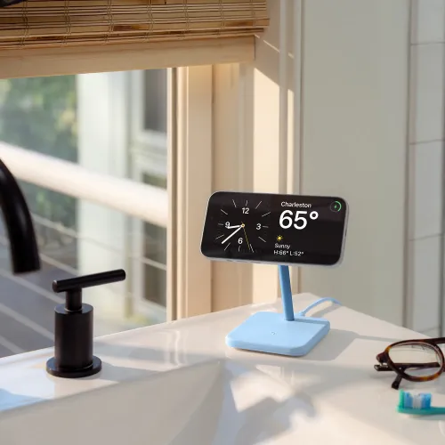 Twelve South HiRise 2 Deluxe in glacier blue, with square base and arm that holds the landscape phone, cable back, on the sink.
