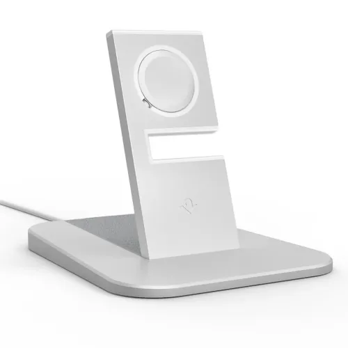 Twelve South HiRise Apple Watch-ladestativ i sølv med vinklet base og sirkulært ladeområde for klokken