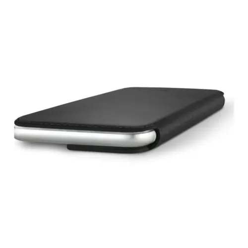 Twelve South SurfacePad black leather folio case for iPhone 7/8/SE(2) shown as a handsfree stand