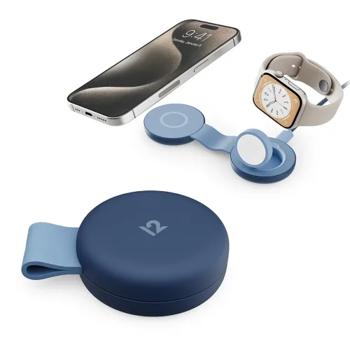 Twelve South butterFly SE, en kompakt 2-i-1-laddare i kustblått, visas uppfälld med iPhone och Apple Watch.