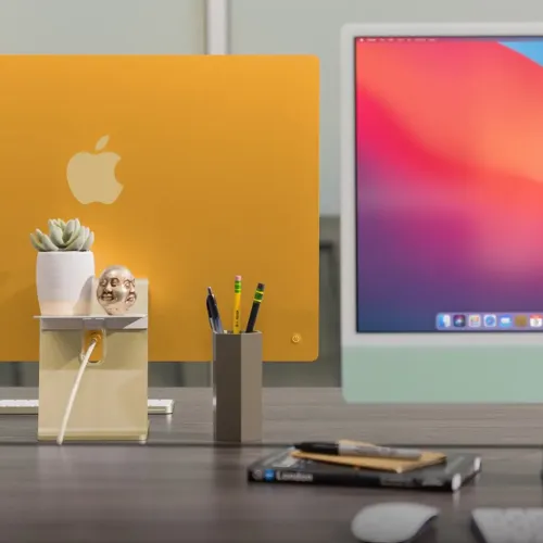 Twelve South BackPack rear-mounted shelf for iMac, holding a plant and organizing a cable behind the display.