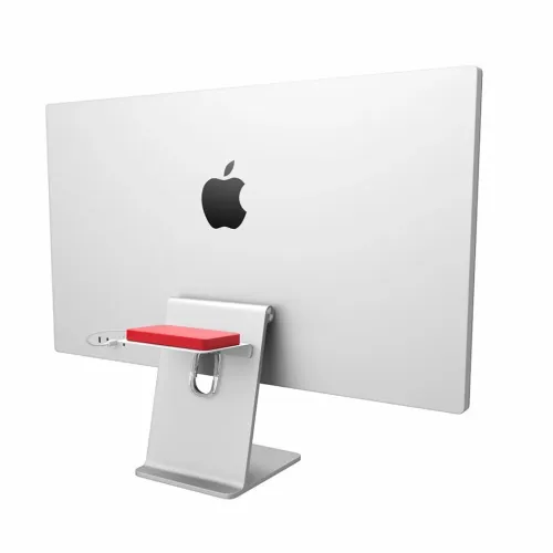 Twelve South BackPack rückseitig montierte Ablage für iMac, mit Kabelhalter und einem roten Gegenstand darauf