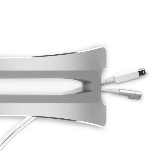 BookArc stand in silver with gray silicone insert; elongated opening and cable catch that holds two cables on the right side, close.