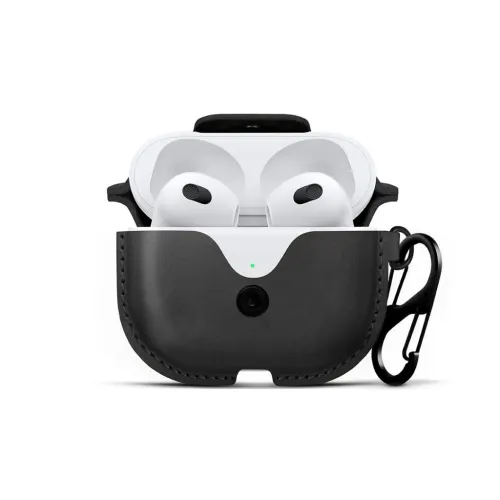 Twelve South AirSnap Lederhülle für Apple AirPods (3. Gen.) mit Karabinerclip, geöffnet auf weißem Hintergrund.