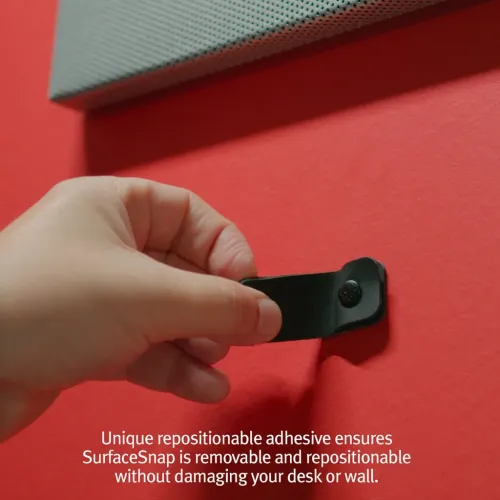 Kabelholder i svart skinn med knapp som løftes med én hånd fra en rød vegg; kompakt stropp med avrundet ende og monteringsplate.