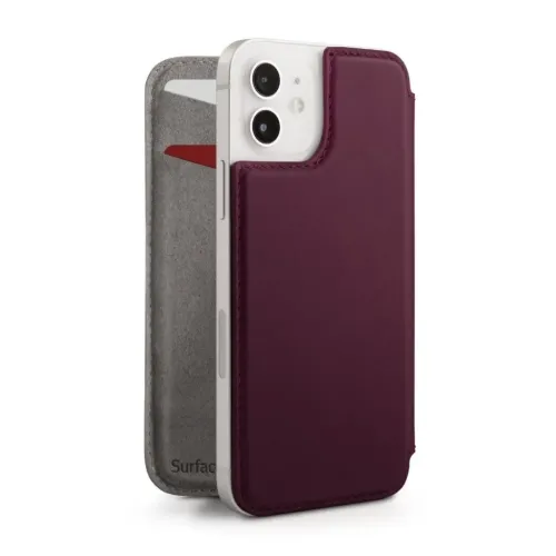 Twelve South SurfacePad for iPhone 12 Mini, plommefarget skinnveske vist åpen og lukket med to kortspor og kamerahull.