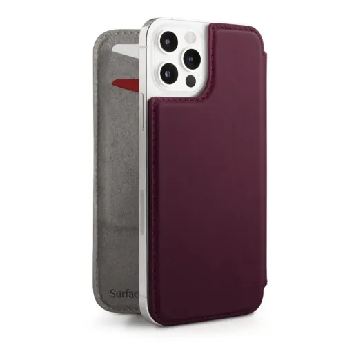 Twelve South SurfacePad i plomme til iPhone 12 Pro Max, tynt folioetui med front og to synlige kortspor på innsiden.