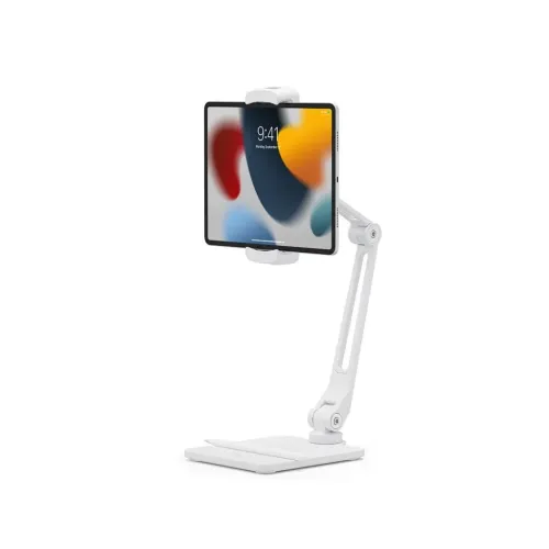 Twelve South HoverBar Duo Snap vitt justerbart surfplatteställ som håller en iPad i liggande läge på en bas