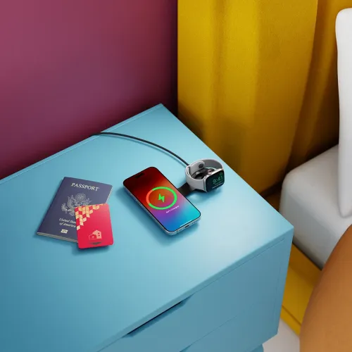 Twelve South butterFly SE vikbar Qi2-laddare med iPhone och Apple Watch på ett resklart ställ