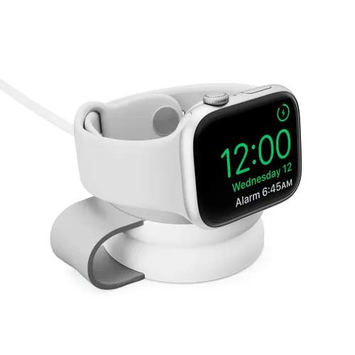 Twelve South ButterFly SE Apple Watch įkroviklis baltos ir šaltai pilkos spalvos, su Apple Watch ant kompaktiško stovo