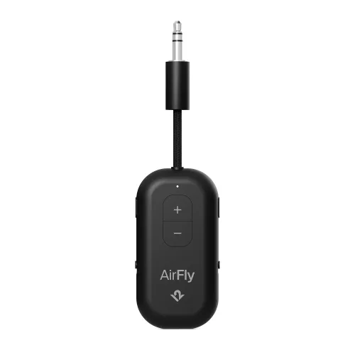 AirFly Pro 2 svart ljudadapter med 3,5 mm-kontakt på kort flätad kabel, oval kropp med plus/minus-knappar och sidoknappar.