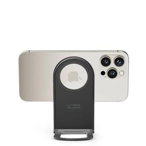 Twelve South Curve Nano magnetinis telefono stovas, laikantis iPhone telefoną, juodas sulankstomas stalinis stovas