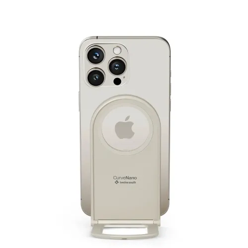 Twelve South Curve Nano sulankstomas magnetinis telefono stovas, laikantis iPhone vertikaliai, kopų smėlio spalvos