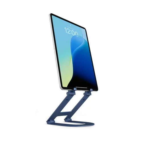 Twelve South Curve Mini sulankstomas planšetinio kompiuterio stovas, pakrantės mėlynos spalvos, laikantis iPad vertikalioje padėtyje baltame fone