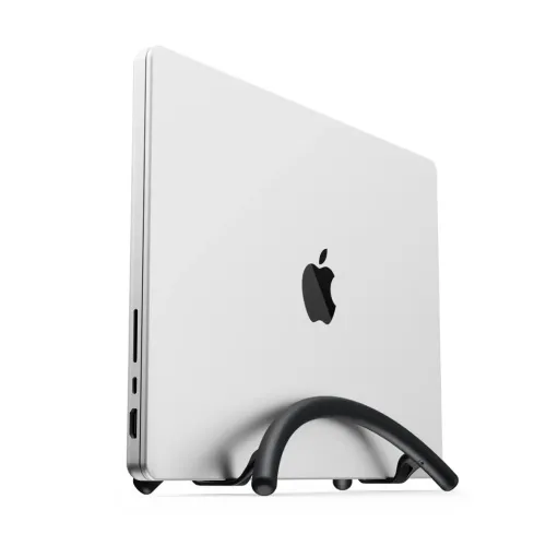 Twelve South BookArc Flex vertical laptop stand holding a silver MacBook upright in matte black
