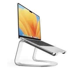 Twelve South Curve SE silver laptop stand for ergonomic workspace and improved video call positioning.