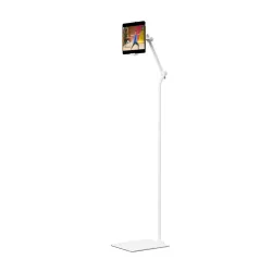 White Twelve South HoverBar Tower with adjustable arm securely holding an iPad for versatile use in fitness and entertainment.