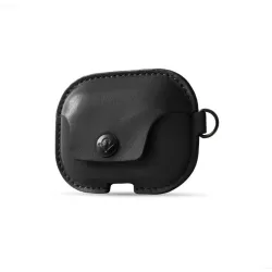 Black Twelve South AirSnap Pro leather case for AirPods Pro with clip and wrist strap for secure carrying and charging.