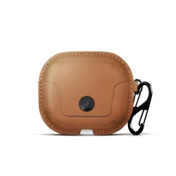 Twelve South AirSnap leather case in Cognac for Apple AirPods 3rd Gen with S-clip and wristlet for wireless charging.