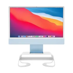 White Twelve South Curve Riser stand elevating iMac for ergonomic desk setup with storage shelf.